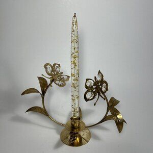 Lucite Gold Foil Flakes Candlestick w/ Brass Butterfly Holder Crystal Wings